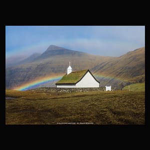 RAINBOW BEHIND THE CHURCH IN SAKSUN, FAROE - POSTER saksun church rainbow faroe islands